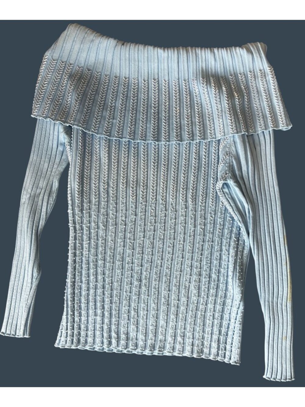 Beaded Womens Large Sweater Blue Ribbed Knit Off Shoulder Pullover Hong Kong 90s